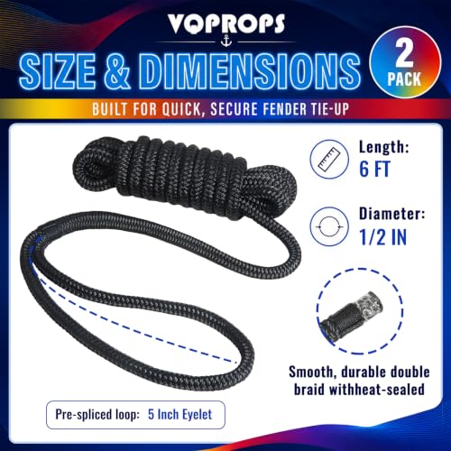 2 Pack Boat Fender Lines - 1/2 Inch x 6 Feet Double Braided Nylon Dock Lines
