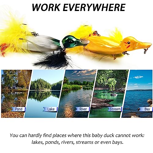 2 Pcs Baby Duck Fishing Lures - Topwater Bass, Pike & Walleye Baits - Yellow & Green