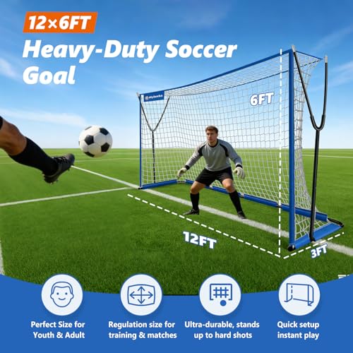 Blue 12x6 FT Soccer Goal for Backyard with Stable Outward Angled Frame