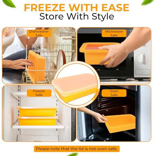 (2 Pack) Large Silicone Freezer Food Containers - 6 Cup Yellow, Reusable BPA-Free Ice Trays with Lids & Measurement Lines