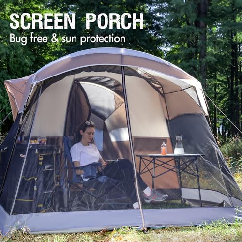 Brown Portal 8-Person Family Camping Tent with Screen Room, Water-Resistant