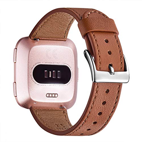 Leather Watch Band for Fitbit Versa - Brown Genuine Top Grain Strap with Silver Buckle - Variation of Brown Band + Silver Buckle