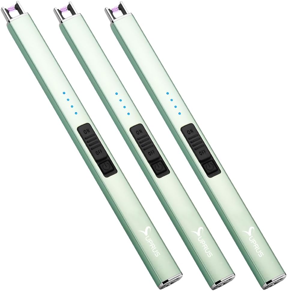 SUPRUS Electric Arc Lighter - Windproof & Flameless USB Rechargeable with Safety Lock | Green, 3-Pack