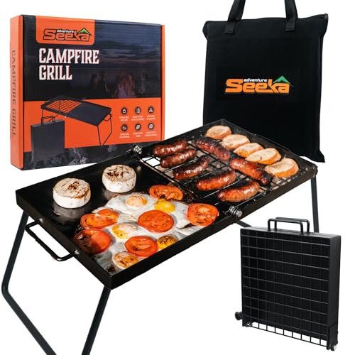Heavy Duty Folding Campfire Grill with Griddle & Food-Safe Surface – Portable Over-Fire Cooking Grate