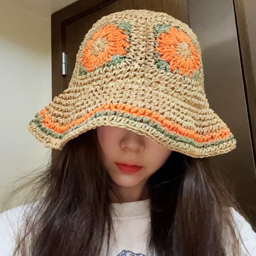Medium Orange Crochet Straw Sun Hat for Women Wide Brim Beach Cap Summer Holiday