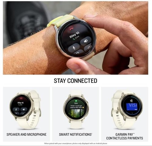 Garmin Venu 4 GPS Smartwatch - 41mm AMOLED Display, Built-In Flashlight, Lunar Gold & Bone Silicone Band | Wearable4U White Earbuds Bundle