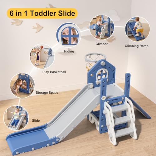BIERUM 6-in-1 Toddler Climber & Slide Playset - Blue & Gray, Safe Indoor Outdoor Toy