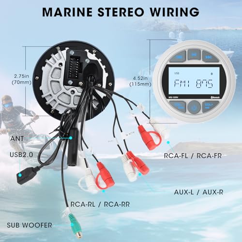 White Marine Bluetooth Boat Stereo Receiver Waterproof Gauge Radio System