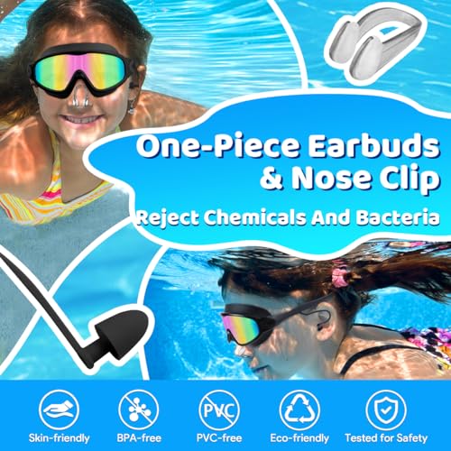 Kids Swim Goggles with Earplugs & Nose Clip - Wide View, Black 01