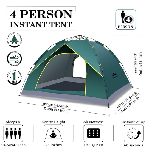 Happy Travel 3-4 Person Pop-Up Camping Tent - Dark Green, Instant Setup
