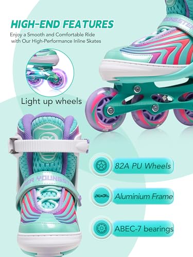 Super Youngster Adjustable Light Up Inline Skates for Kids Girls Mint Green 1-4 US