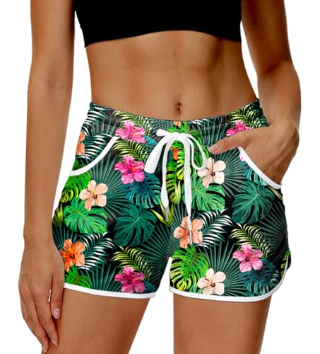 Women Board Shorts Hawaiian Tropical Print Beach Swim Shorts with Pockets - Medium Floral Palm
