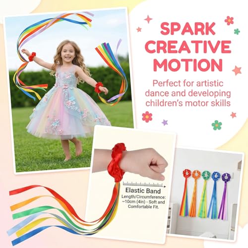 Rainbow Dance Ribbon Wristbands - Multi-Colored 6pcs, Kids & Teens