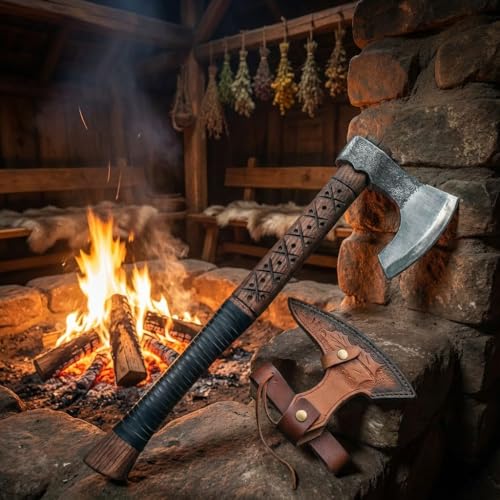 Ragnar Ax - Handmade Viking Battle Axe with Leather Sheath, 19'' Camping & Survival Hatchet