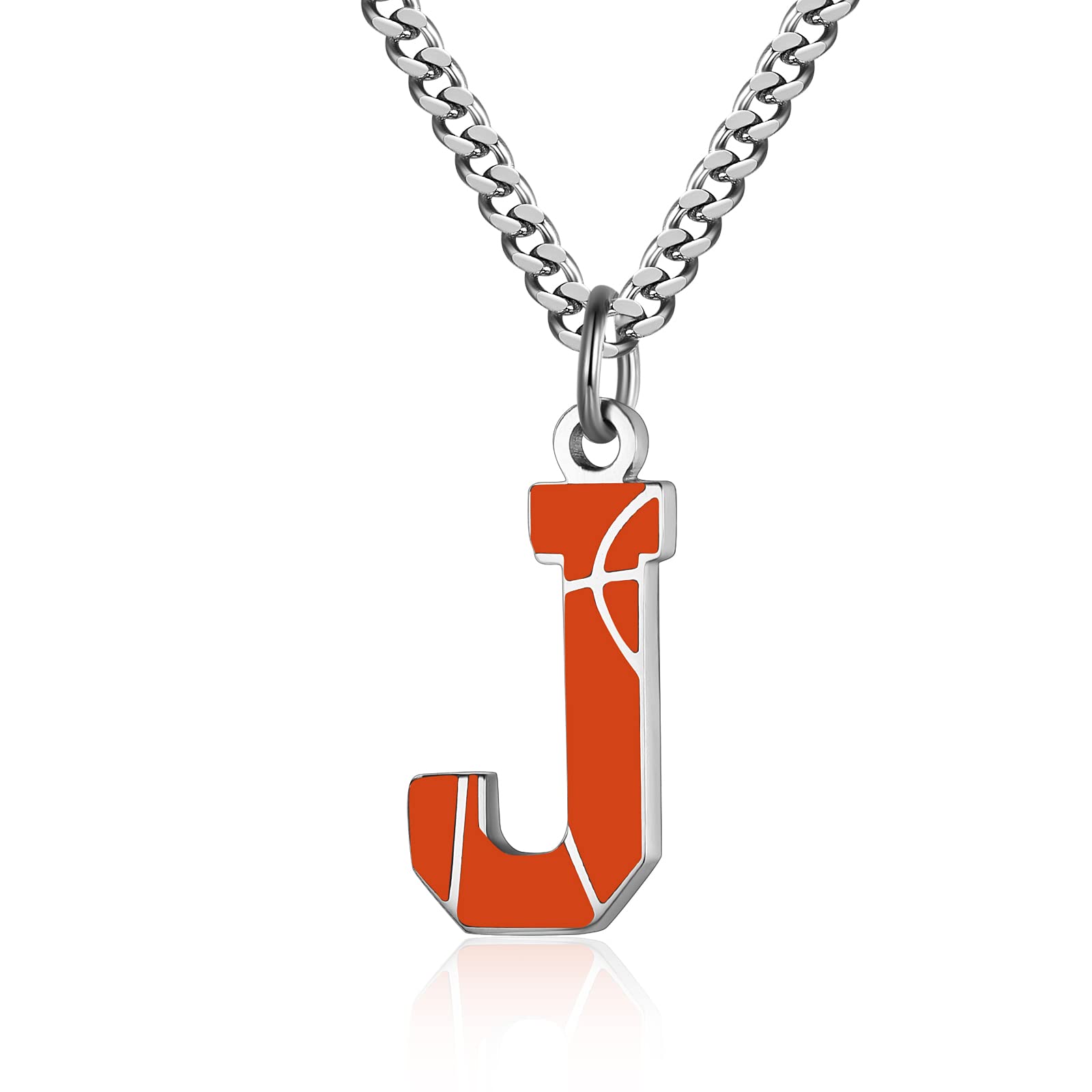 AIAINAGI Basketball Initial A-Z Letter Necklace for Men Basketball Charm Pendant Stainless Steel Silver Chain 22 inch Personalized Gift for Men(J)