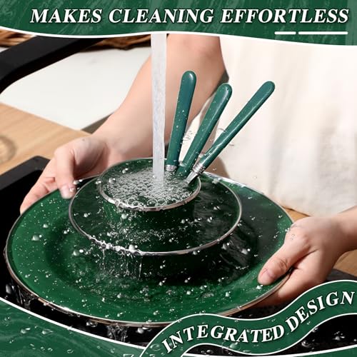 Nuogo 48-Piece Green Camping Enamel Dinnerware Set for 8 with Bowls Plates Cups Utensils