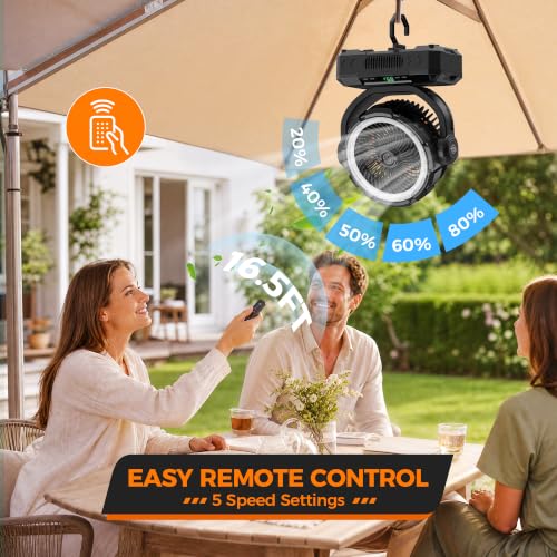 Ausic 11-Inch Rechargeable Camping Fan Black 40000mAh Portable Oscillating Fan with Remote & Light