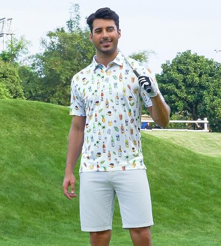 Men's Hawaiian Golf Shirt Moisture-Wicking Digital Print Polo Large White Beer