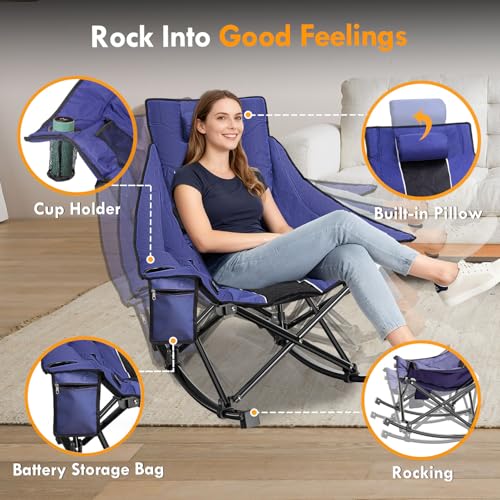 Slendor Heated Camping Chair Blue Oversized Rocking Chair with Pillow & Cup Holder