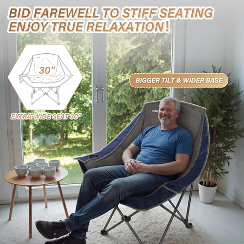 Oversized Portable Camping Chair with Cup Holder - Blue, Heavy Duty Padded Lawn Chair for Camping, Beach & Outdoor Use