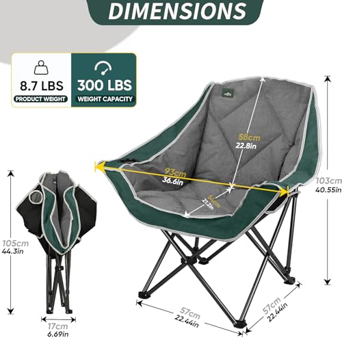 Northroad Oversized Padded Camping Chair Grey & Green - Heavy Duty Foldable Lawn Chair with Cup Holder, 300lbs Capacity