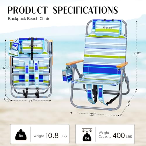 Thallike Blue Backpack Beach Chair with Wide Seat & High Back, 5-Position Recline, Supports 400 lbs, Portable with Cup Holder & Cooler Bag