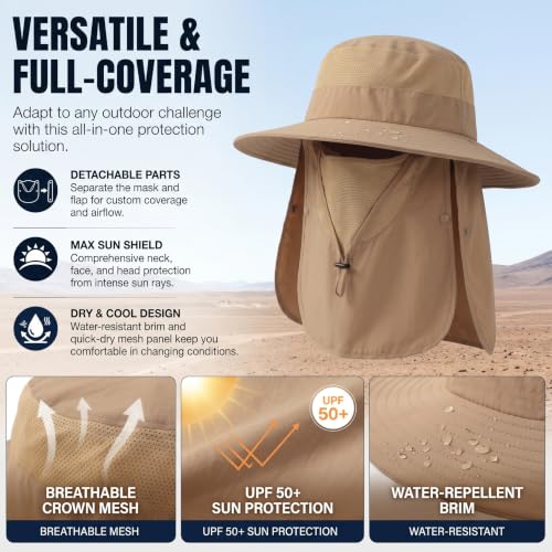 Men's Sun Hat Fishing Boonie Hat UPF 50+ Wide Brim Outdoor Work Hat Khaki