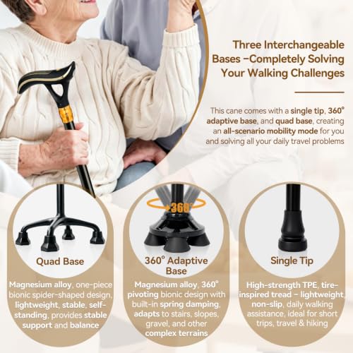 ISPUOOCTI Black Multifunctional Walking Cane with Alarm Light & Adjustable Height
