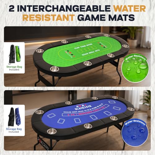 Foldable 8 Player Poker Table with Interchangeable Waterproof Game Mats - Burgundy