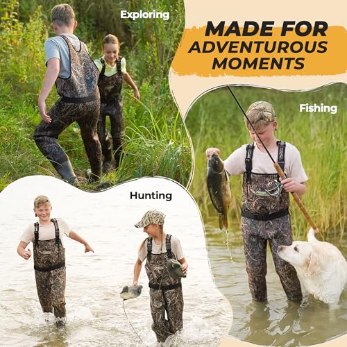 Kids Waterproof Neoprene Chest Waders with Boots - Camo, 12-13