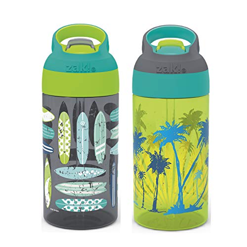 Kids Water Bottles 16oz Set with Straw & Carry Loop - Beach Life & Surfing Boards Design