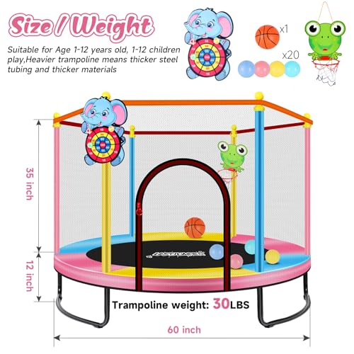 LASTJUMPER Mini Toddler Trampoline 2-10 Years with Safety Enclosure & Basketball, Blue+Yellow+Pink