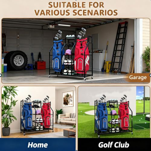 Heavy Duty Steel Golf Bag Storage Rack with Wheels & Accessories Shelf