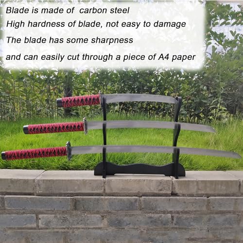 Dark Red 3-Piece Samurai Sword Set with Display Stand - Iaido Carbon Steel Blades