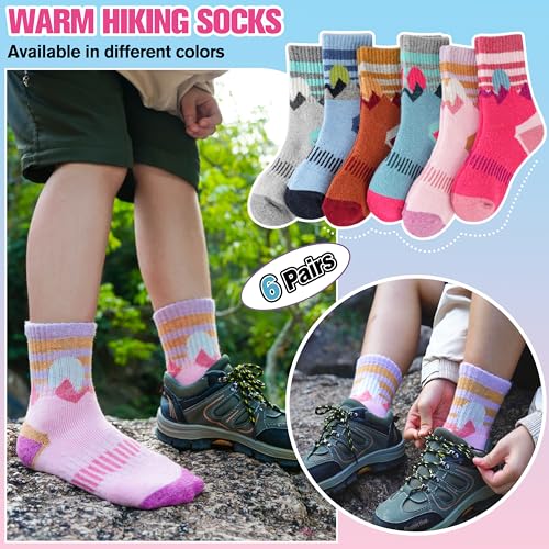 Kids Merino Wool Hiking Socks 8-12 Years Thermal Winter Cozy 6 Pairs - Sun Mixed