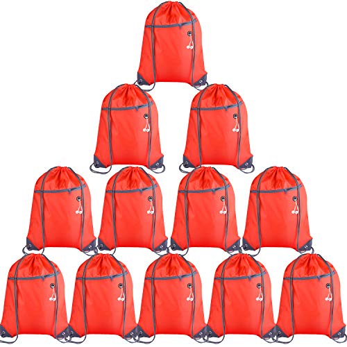 Red Drawstring Backpack Bags 12 Pack with Zipper & Headphone Hole - Durable Polyester