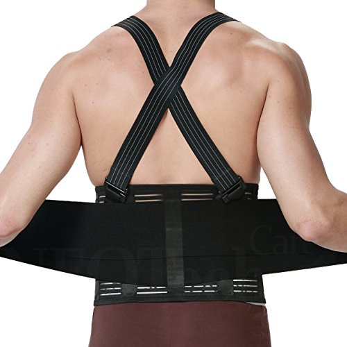 Back Support Belt with Suspenders - Medium, Black, Lumbar Brace for Heavy Lifting