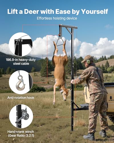 VEVOR 400 lbs Deer Hoist Tripod with Gambrel & Manual Winch - Black Hunting Game Lift & Skinning Accessory