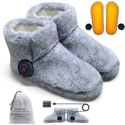 Ewarmer Gray Large Rechargeable Heated Slippers for Women, Graphene Heating, 4-8 Hour Warmth