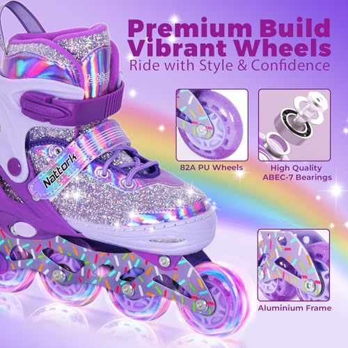 Nattork Adjustable Inline Skates for Girls - Dream Purple, Light Up Wheels, Size 1-4