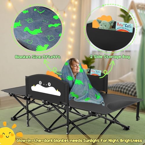 Slendor Black Toddler Folding Travel Cot with Cartoon Handrail & Glow Blanket