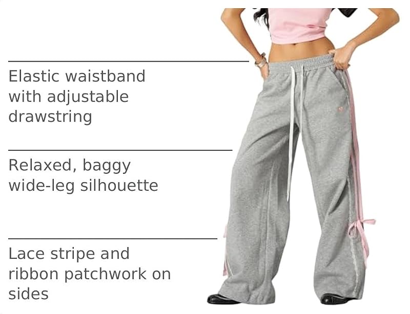 Aelfric Eden Medium Grey Lace Stripe Patchwork Baggy Sweatpants for Women