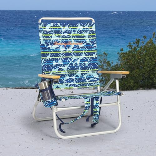 Tommy Bahama 2-Pack Blue Tropical Leaves Beach Chairs - 4-Position Reclining, Lightweight Folding with Backpack Straps