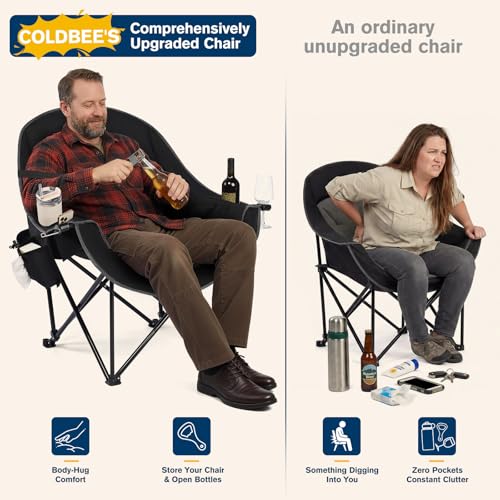 Coldbee Oversized Heavy Duty Camping Chair with Padded Headrest, Insulated Cooler & Cup Holders - Black (Unheated Variant)