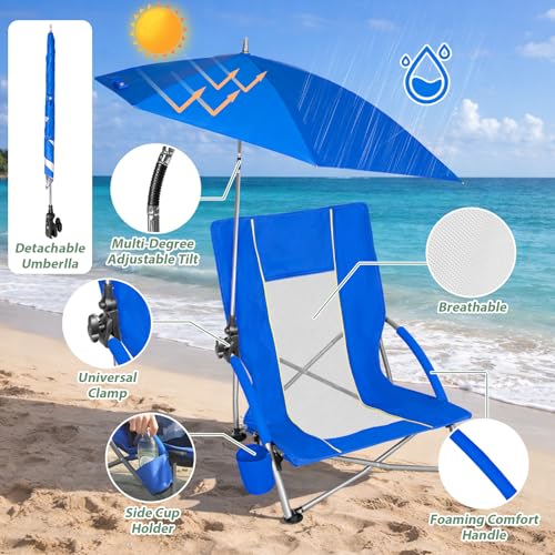 Romswi Blue Beach Chair with Umbrella 2-Pack, Adjustable Parasol & Cup Holder