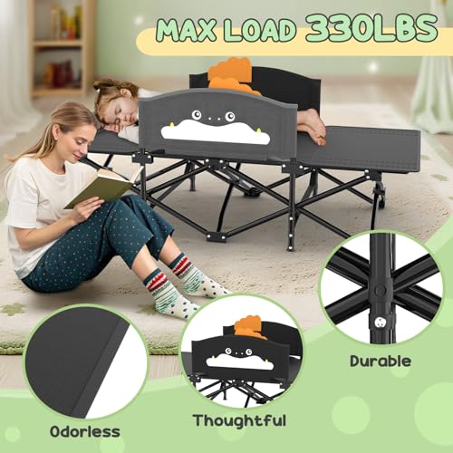 Slendor Black Toddler Folding Travel Cot with Cartoon Handrail & Glow Blanket