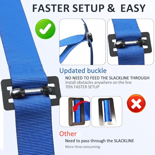 Blue Line Ninja Warrior Obstacle Course Kit for Kids - 8 Obstacles, 2x56ft Slackline Set with Quick-Install Buckles