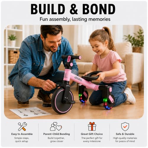 Ridego 3-in-1 Toddler Tricycle Pink for Ages 2-5 with Drift & Walker Modes