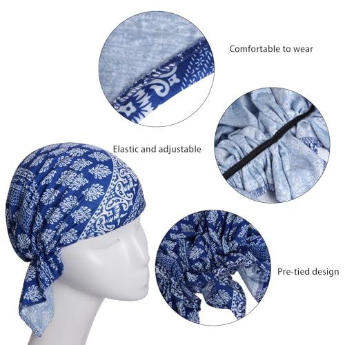4pcs Pre-Tied Chemo Head Scarf Beanie Cap - Sleep Turban Headwear for Women, Blue Variation