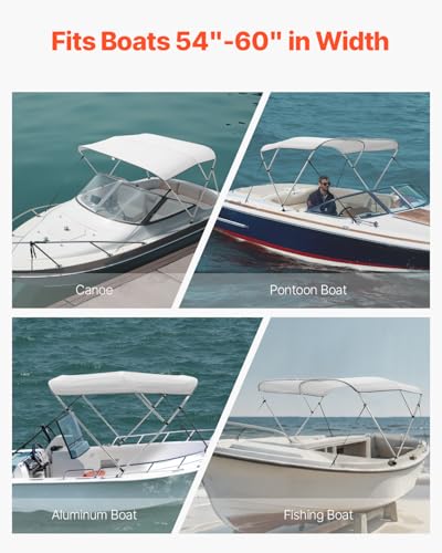 VEVOR 3 Bow Boat Bimini Top 6' x 46" H Sun Shade Canopy with Aluminum Frame, Grey